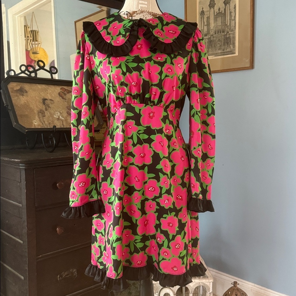 Asos Twisted Wunder Pink & Black Floral Print Bib Collar Long Sleeve Dress - Picture 2 of 15